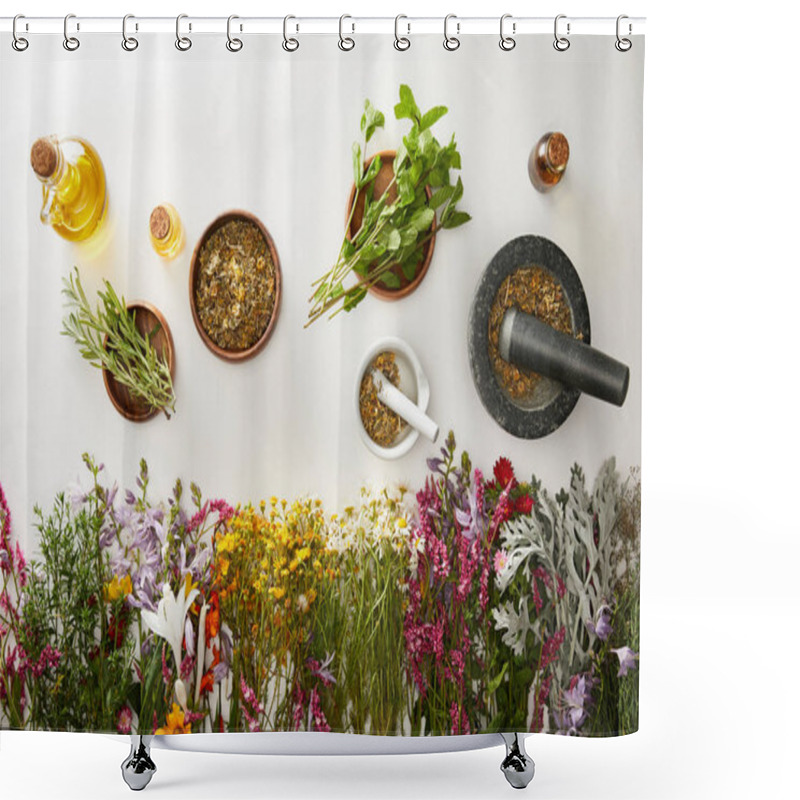 Personality  Top View Of Mortars And Pestles With Herbal Blends Near Flowers And Bottles On White Background Shower Curtains