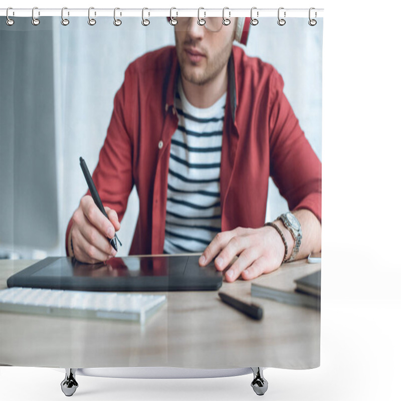 Personality  Young Illustrator Sitting By Table With Graphic Tablet Shower Curtains