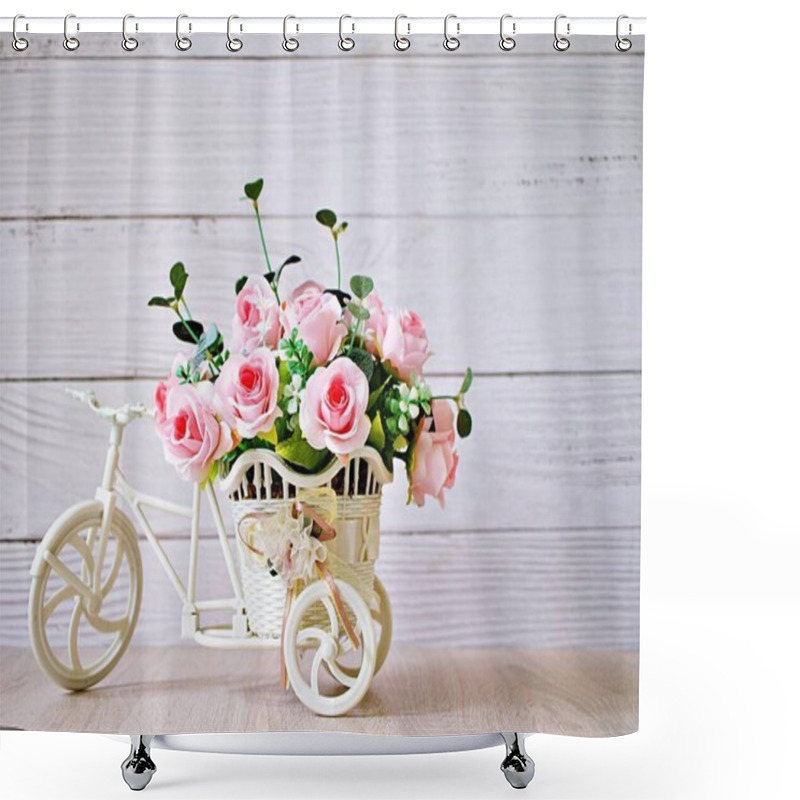 Personality  Artificial Pink Rose On Bicycles On Table Isolated On White Background Bouquet Bucket Bicycle With Soft Tone For Festive Background Or Wallpaper Copy Space For Lettering Valentine's Day Romantic Love  Shower Curtains