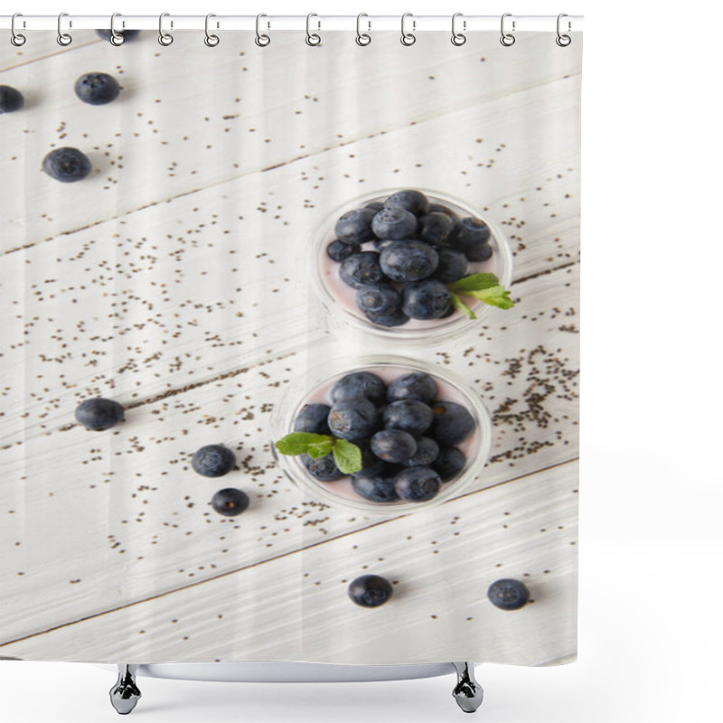 Personality  Top View Of Arranged Chia Puddings With Fresh Blueberries And Mint On White Wooden Surface Shower Curtains