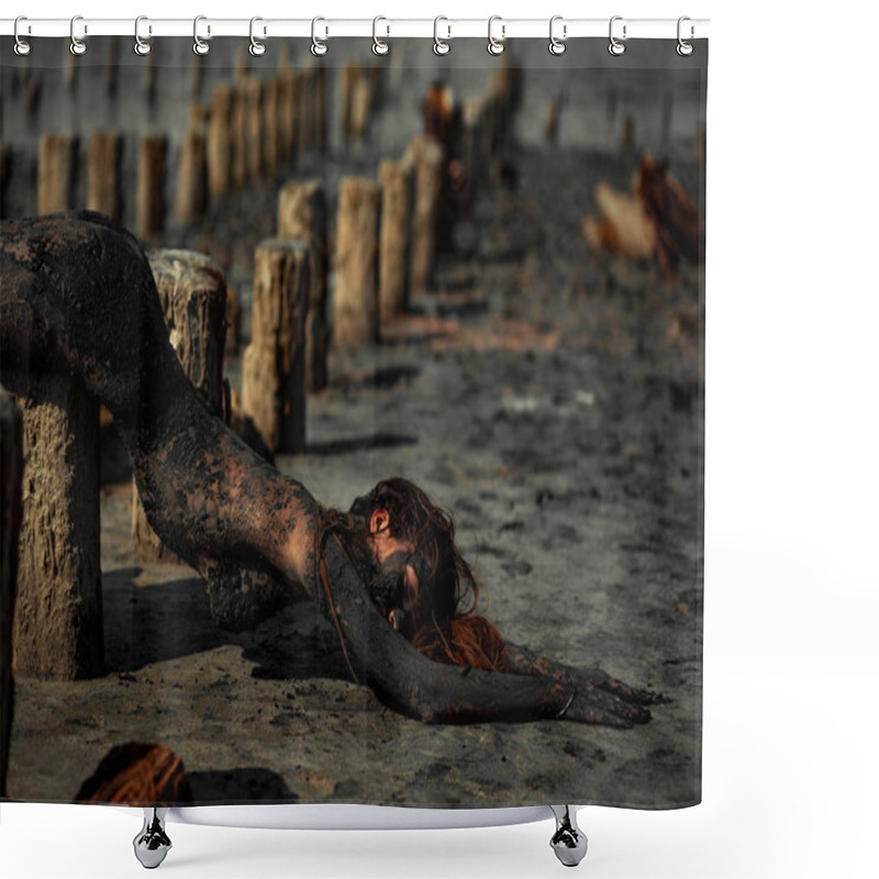 Personality  Young Woman Smeared With Therapeutic Mud And Lies On Wooden Column. Shower Curtains