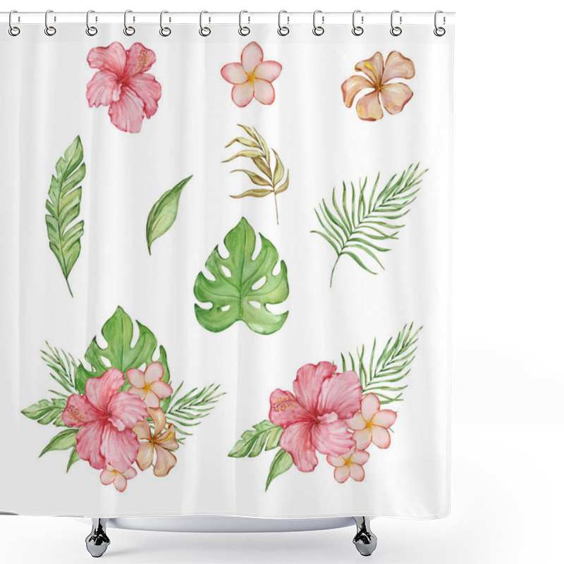 Personality  Watercolor Tropical Illustration With Bright Tropical Leaves And Flowers For Summer Design Shower Curtains