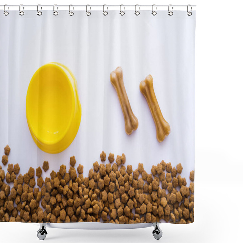 Personality  Top View Of Bone Shaped Dog Treats Near Plastic Bowl And Pet Food Shower Curtains