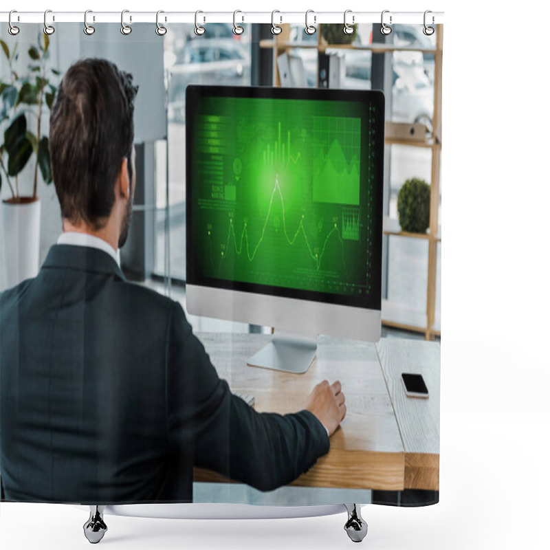 Personality  Back View Of Businessman At Workplace With Computer Screen With Diagram In Office Shower Curtains