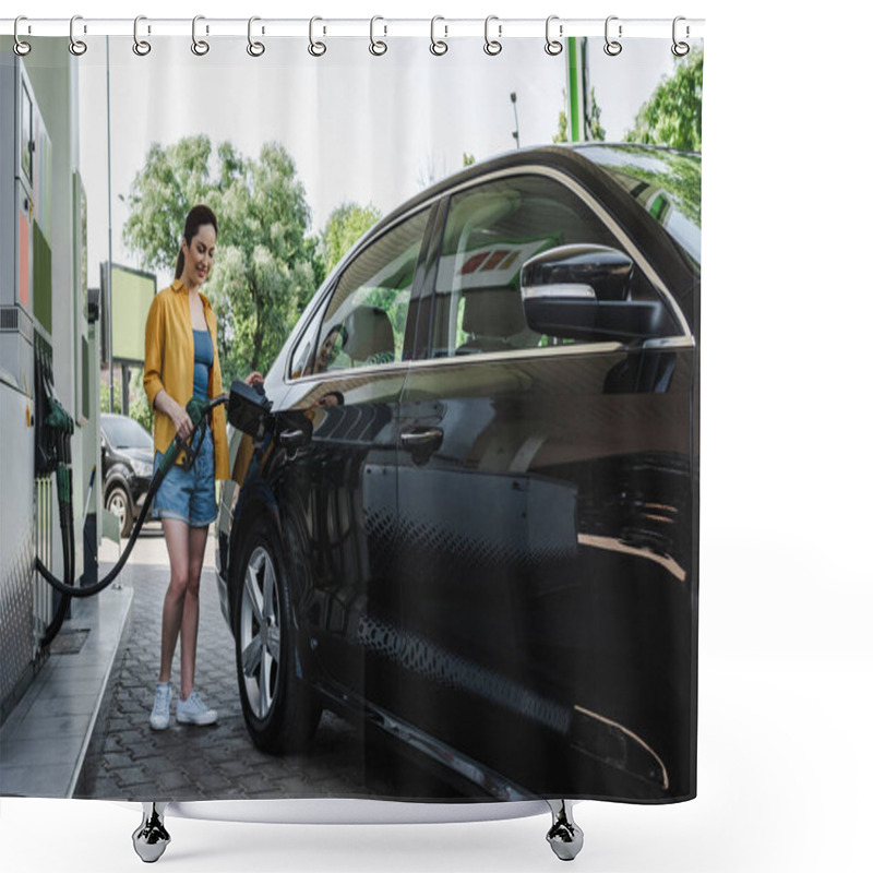 Personality  Beautiful Smiling Woman Refueling Car On Gas Station  Shower Curtains