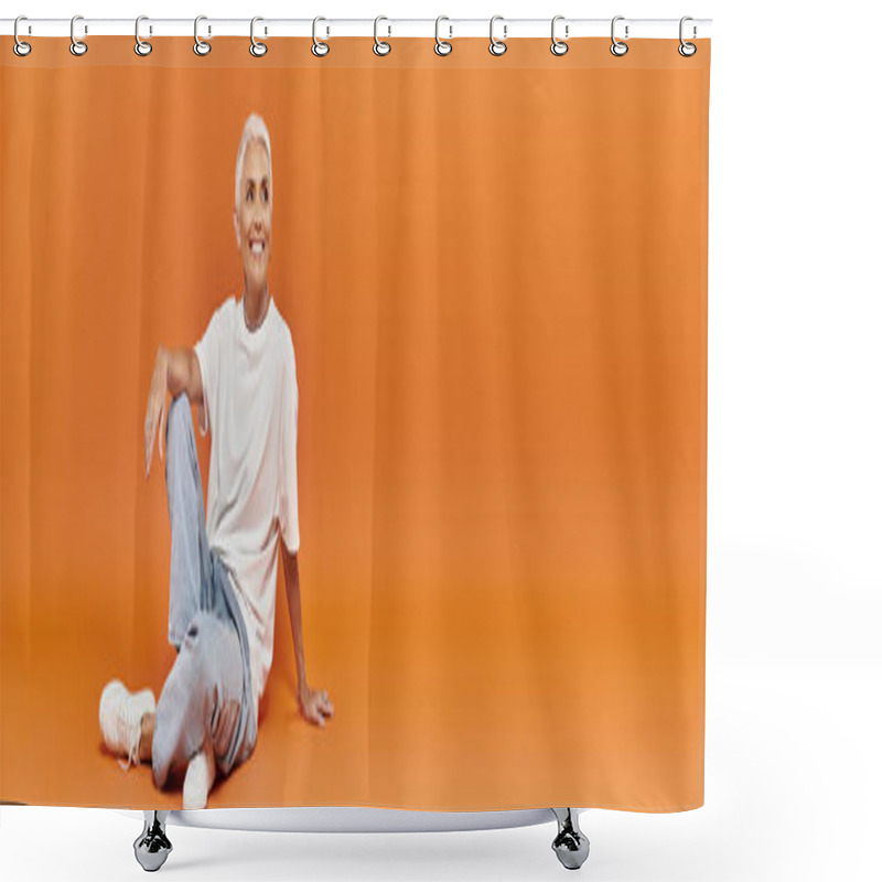 Personality  A Mature Woman With Short Hair Enjoys A Moment Of Tranquility. Shower Curtains