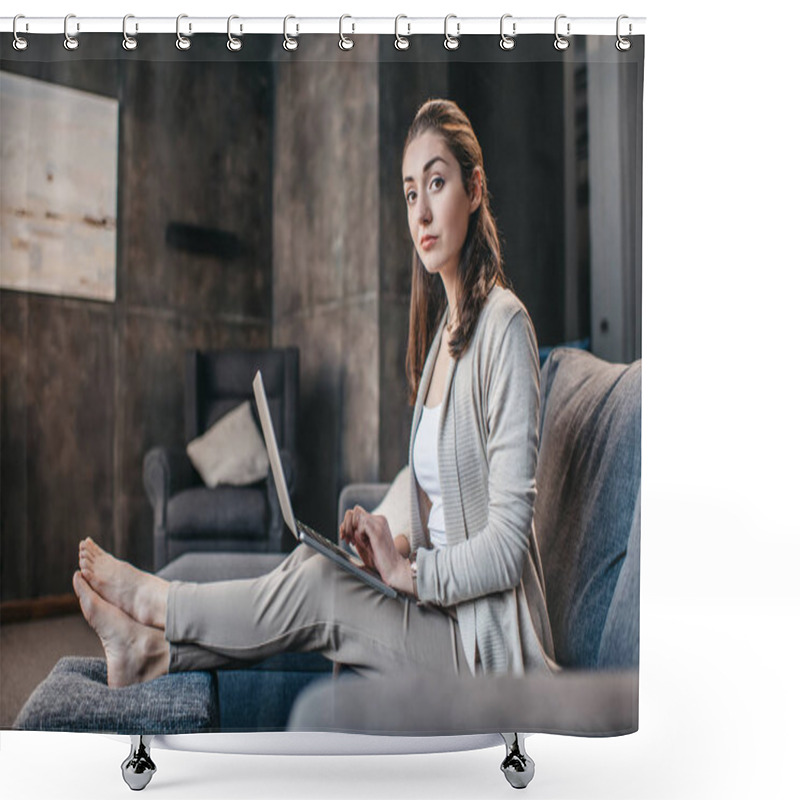 Personality  Woman Typing On Laptop Shower Curtains