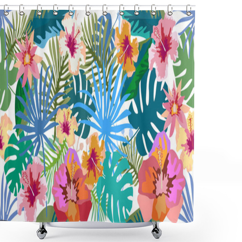 Personality  Dark Tropical Paradise. Seamless Vector Pattern With Palm Leaves And Exotic Flowers.  Shower Curtains