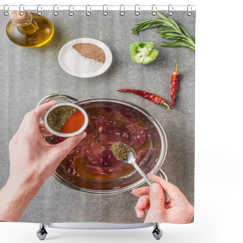 Personality  Cropped View Of Woman Adding Spices In Raw Meat In Pot With Oil, Peppers, Broccoli And Rosemary Shower Curtains