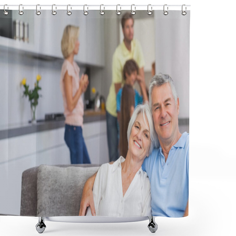 Personality  Elderly Couple Sitting On The Couch And Smiling At Camera Shower Curtains