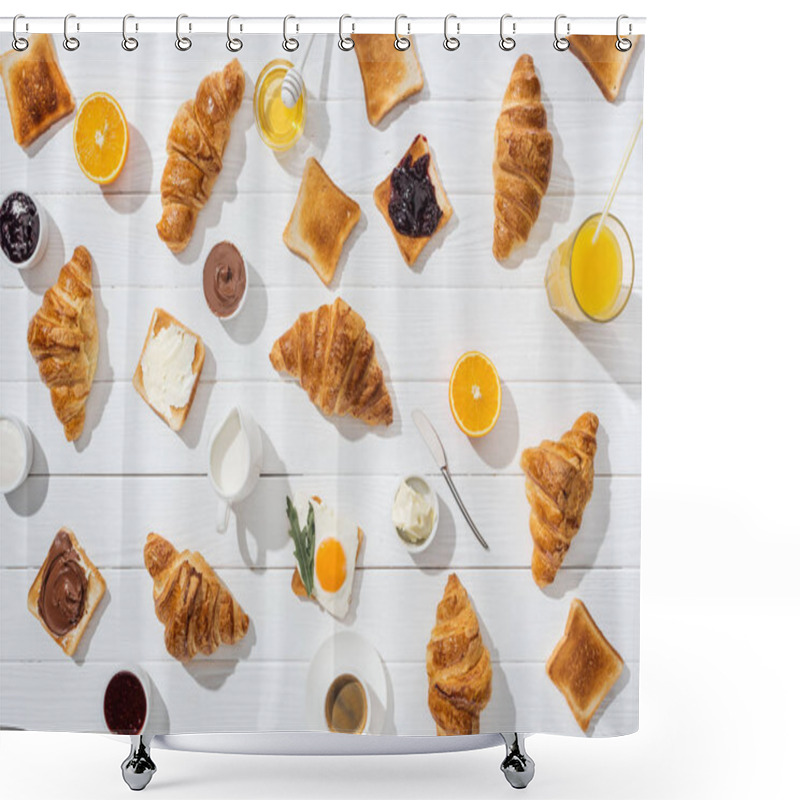 Personality  Top View Of Sweet Croissants Near Tasty Toasts And Drinks On White  Shower Curtains