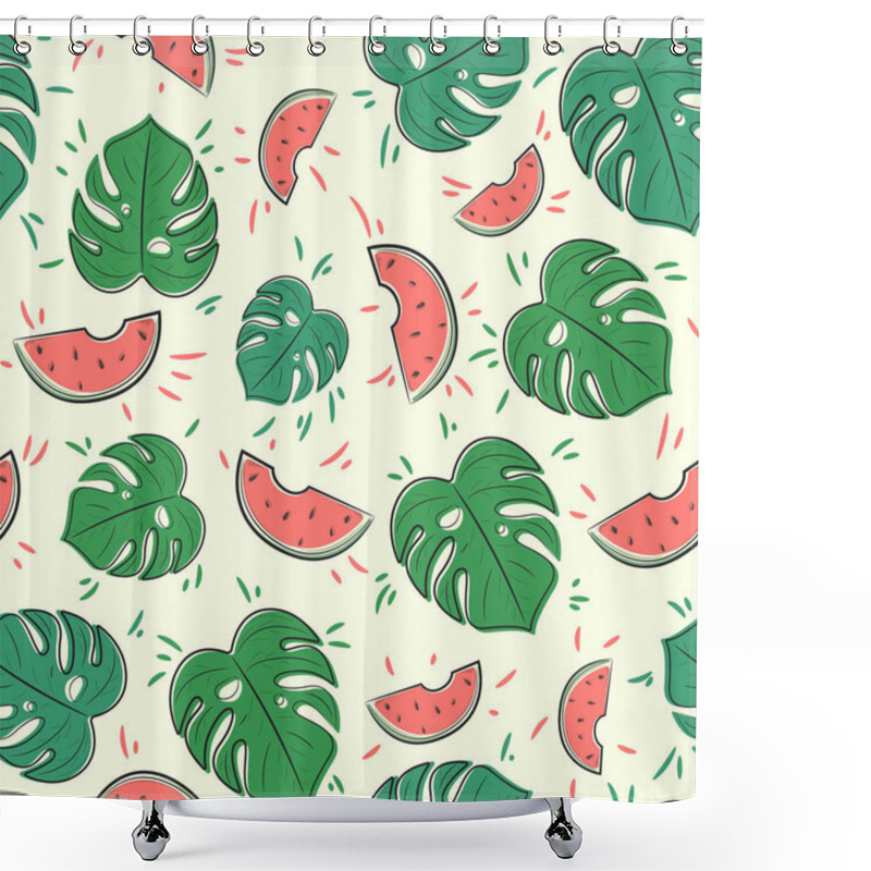 Personality  Seamless Vector Pattern With Juicy Watermelons And Monstera Leaves Shower Curtains