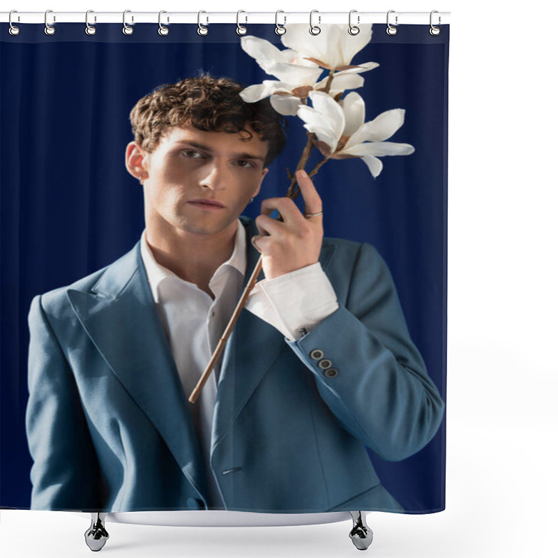 Personality  Portrait Of Stylish Young Man In Jacket Holding Magnolia Flowers Isolated On Navy Blue  Shower Curtains