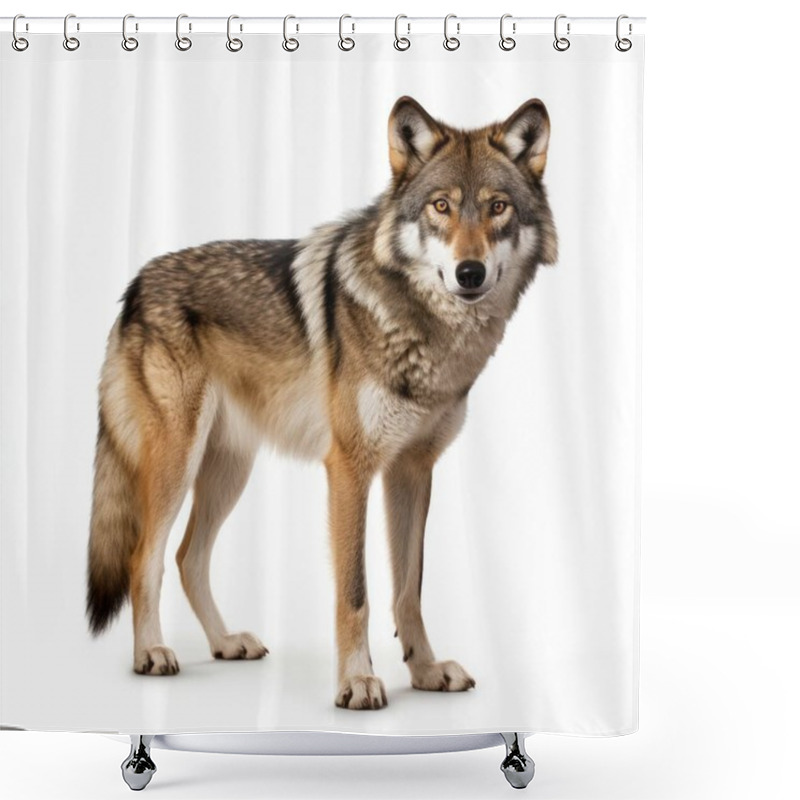 Personality  A Majestic Gray Wolf Stands Alert, Showcasing Its Thick Fur And Striking Eyes Against A White Background. Shower Curtains