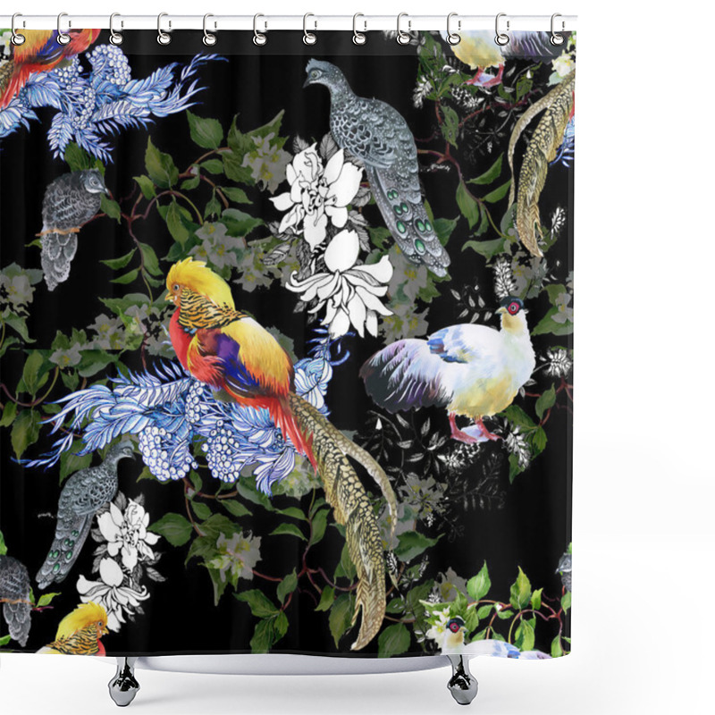 Personality  Floral Seamless Pattern With Birds Shower Curtains