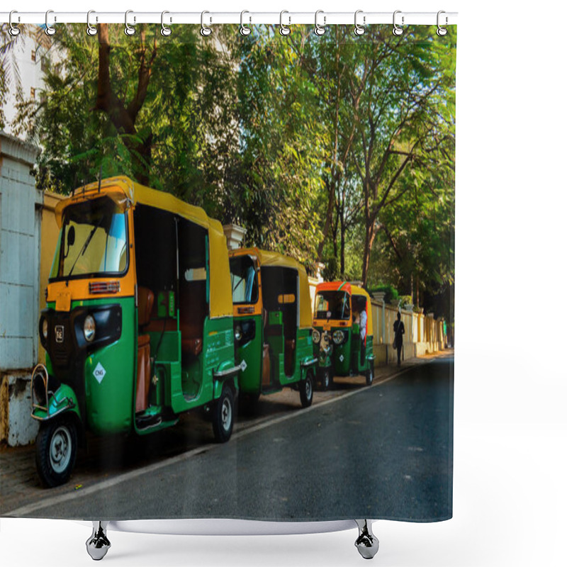 Personality  Three Auto Rickshaws Parked On The Side Of The Road Waiting For Commuters In Delhi, Circa 2018. Auto Rickshaw Is A Very Popular Mode Of Public Transport In Delhi And All Over India.  Shower Curtains