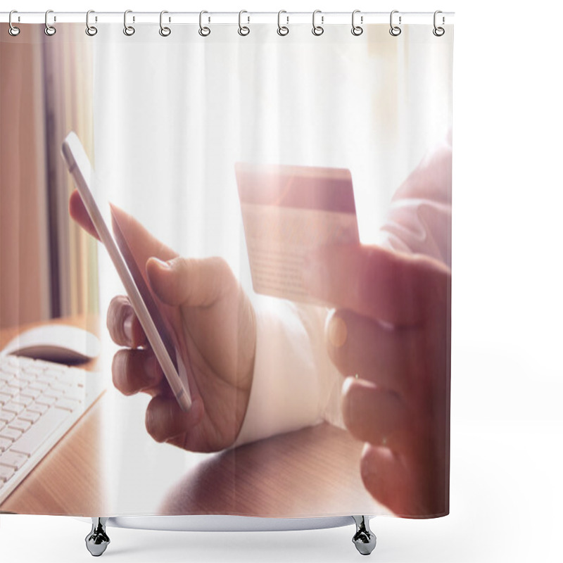 Personality  Closeup Of Man's Hands Holding Credit Cards And Using Mobile Phone Shower Curtains