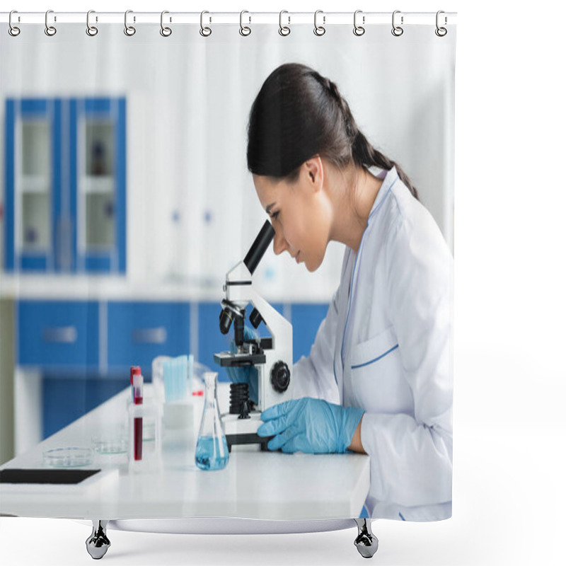 Personality  Side View Of Scientist In Latex Gloves Using Microscope Near Digital Tablet With Blank Screen And Equipment Shower Curtains