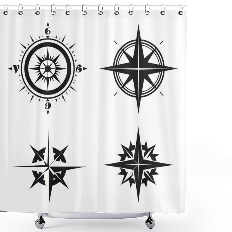 Personality  Set Of Four Distinct Black And White Compass Rose Designs Showcasing Various Styles And Features. Shower Curtains