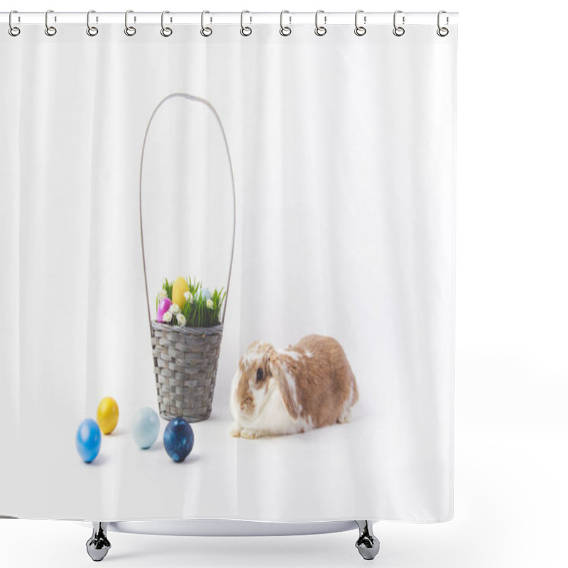 Personality  Painted Eggs And Rabbit Near Easter Basket, Easter Concept Shower Curtains