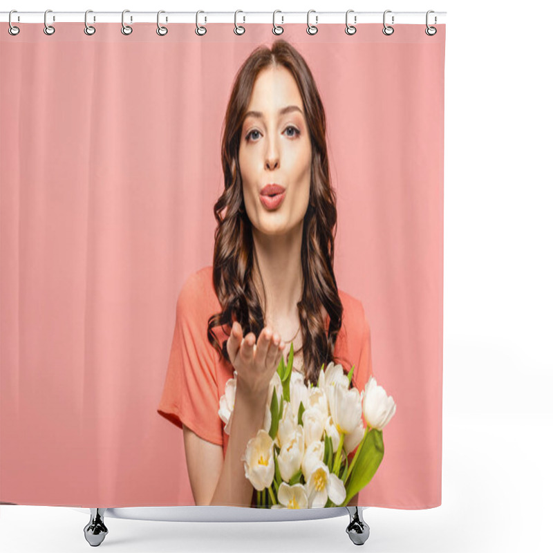 Personality  Attractive Girl Blowing Air Kiss At Camera While Holding Bouquet Of White Tulips Isolated On Pink Shower Curtains