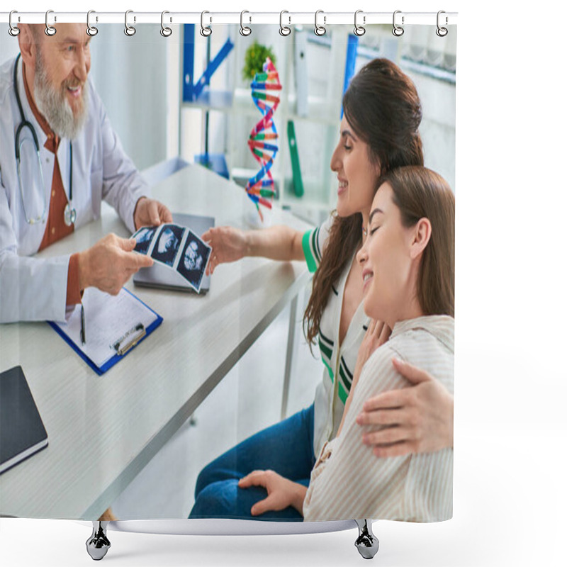 Personality  Smiling Lesbian Couple Holding Ultrasound Of Their Baby From Doctor, In Vitro Fertilization Concept Shower Curtains