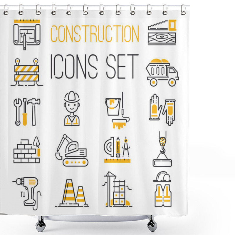 Personality  Linear Black Yellow Construction Icons Set Universal Web And Mobile Basic Ui Elements And Worker Equipment Flat Industry Tools Vector Illustration. Shower Curtains