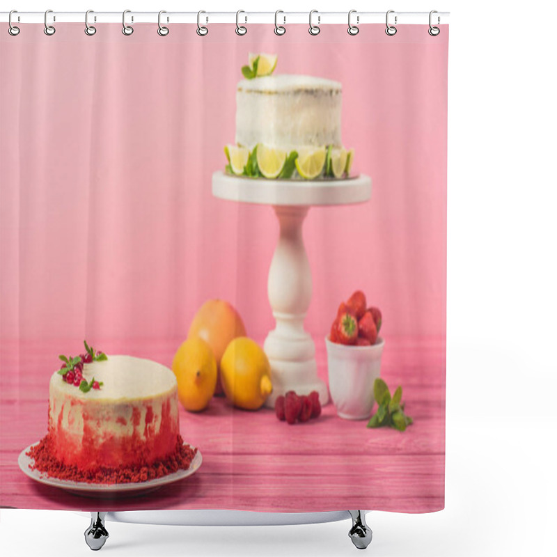 Personality  Cake Decorated With Currants And Mint Leaves Near Fruits And White Cake On Pink Wooden Surface Isolated On Pink Shower Curtains