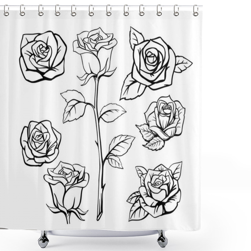 Personality  Black Outline Rose Set On White Background Shower Curtains