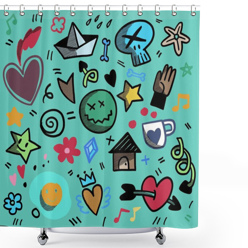 Personality  Playful Hand Drawn Doodle Icons With Hearts, Stars, And Quirky Symbols, Isolated On A Teal Background For Creative And Whimsical Designs Shower Curtains