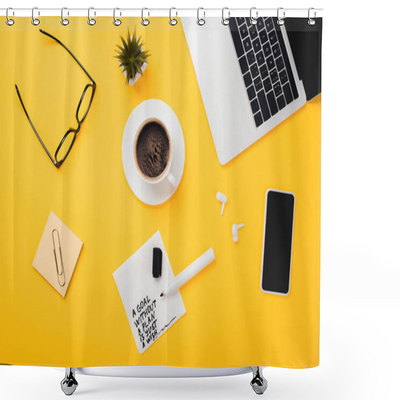 Personality  Paper Napkin With Goal Without Plan Just Wish Inscription, Felt-tip Pen, Laptop, Smartphone, Coffee Cup, Glasses, Wireless Headphones On Yellow Desk Shower Curtains