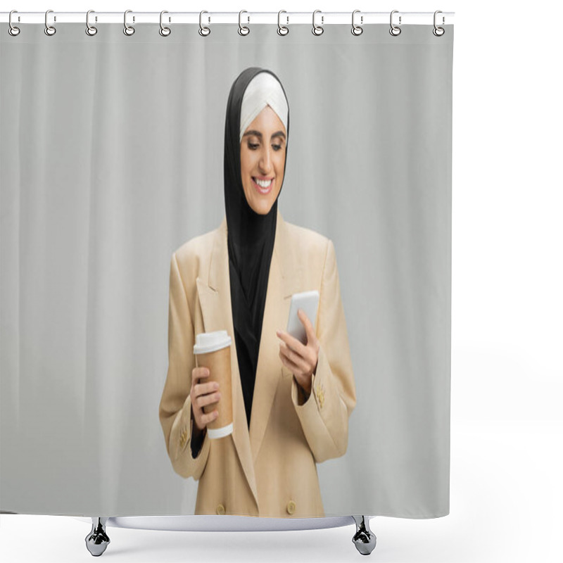 Personality  Motivated Muslim Businesswoman In Hijab And Blazer, With Smartphone And Coffee To Go On Grey Shower Curtains