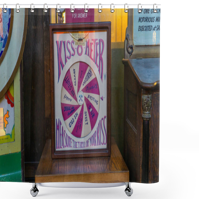 Personality  Vintage Arcade Game Kiss O Meter In Musee Mecanique - Mechanical Museum In San Francisco Shower Curtains