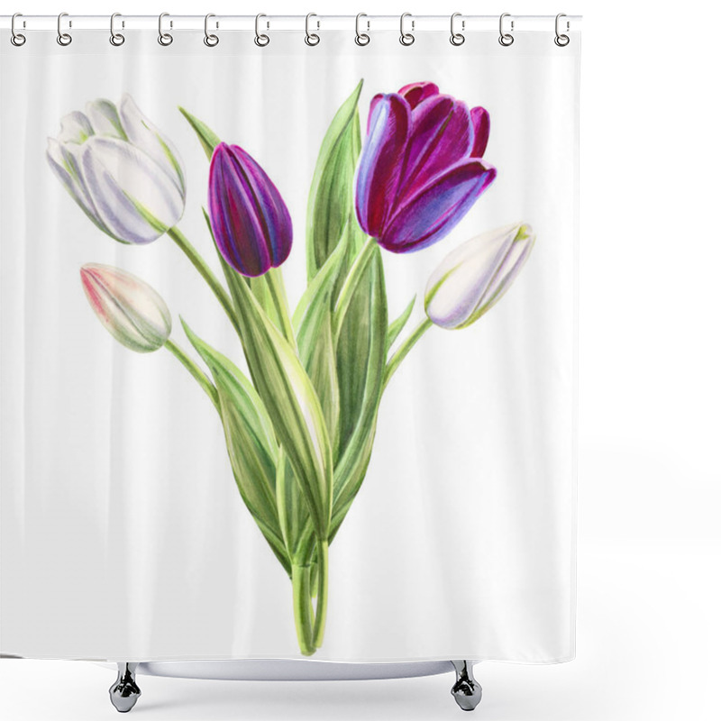 Personality  Tulips Bouquet Illustration On White Background Shower Curtains