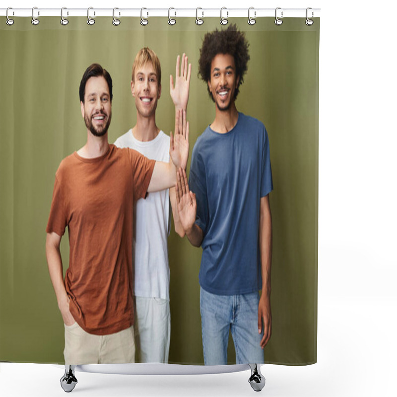 Personality  Three Friends Celebrate Pride And Support For The Queer Community With Hands Raised. Shower Curtains