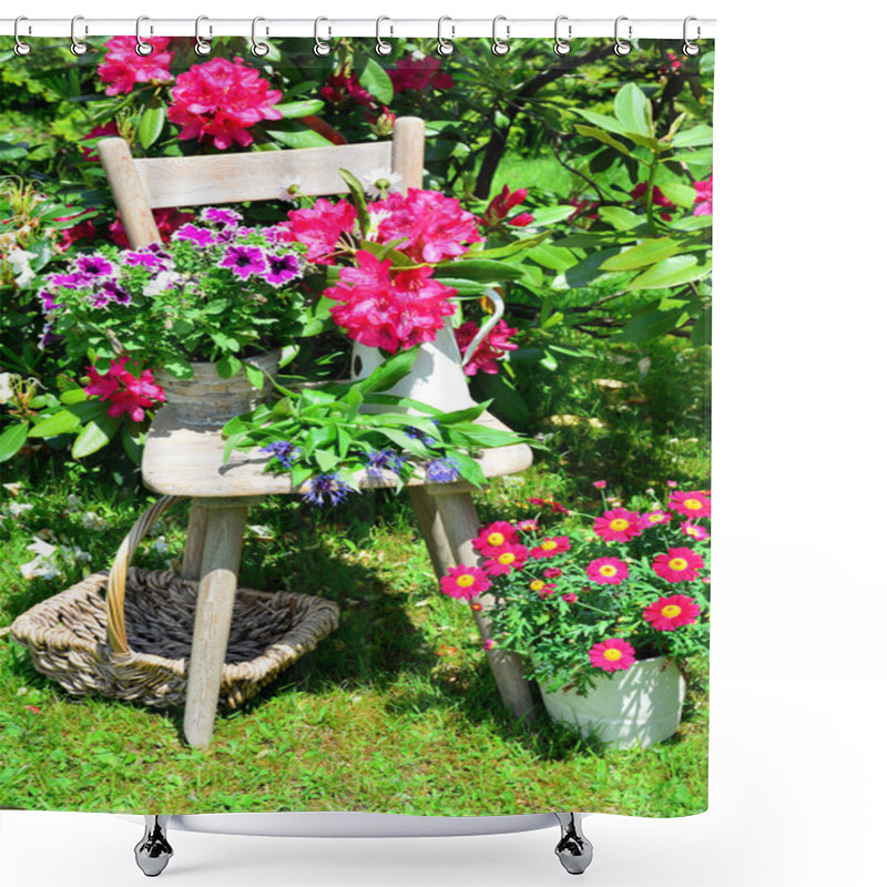 Personality  Old Chair In The Garden With Flowers In Spring Shower Curtains