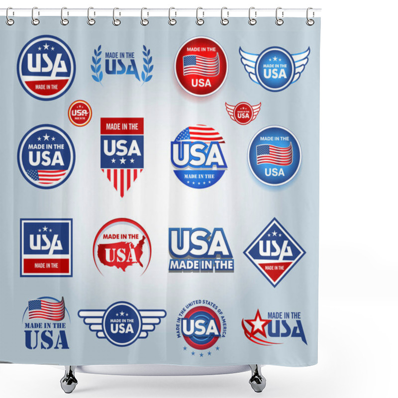 Personality  Made In The USA Icons. American Made. Set Of Vector Icons, Stamps, Seals, Banners, Labels, Logos, Badges. Vector Illustration. Shower Curtains