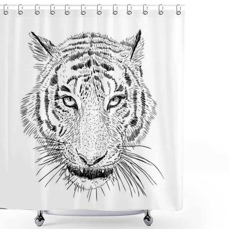 Personality  Hand Drawn Vector Black And White Artistic Portrait Of Tiger Head Isolated On White Background. Wild Cat Illustration. Ink Drawing Shower Curtains