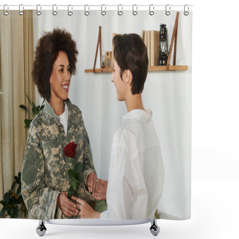 Personality  A Soldier Bids Farewell To Her Loving Wife, Sharing An Intimate Moment Before Deployment. Shower Curtains