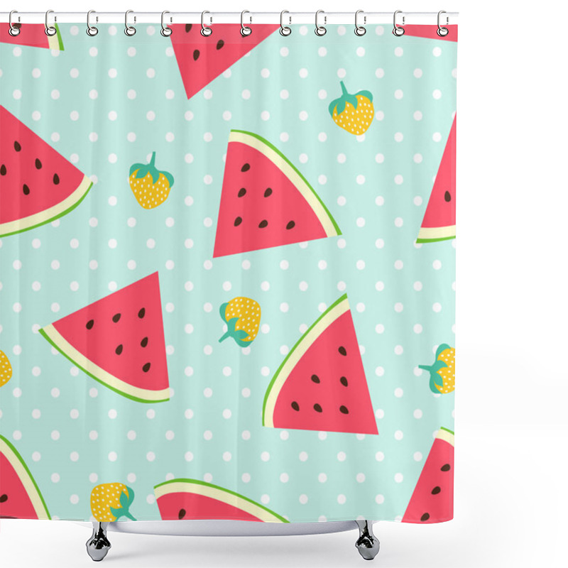 Personality  Watermelon And Strawberries Seamless Pattern With Polka Dots Shower Curtains