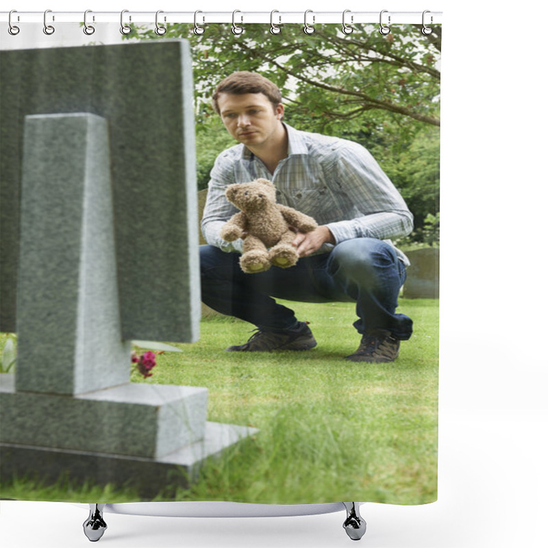 Personality  Father Placing Teddy Bear On Child's Grave In Cemetery Shower Curtains