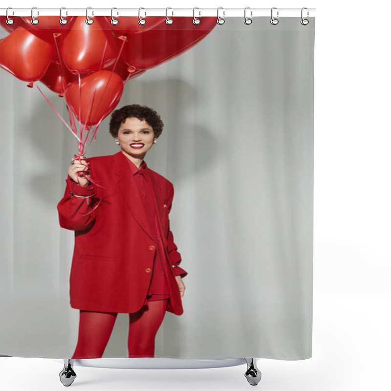 Personality  A Young Beautiful Woman Holds Vibrant Red Balloons, Dressed In Fashionable Attire, Creating Joy. Shower Curtains