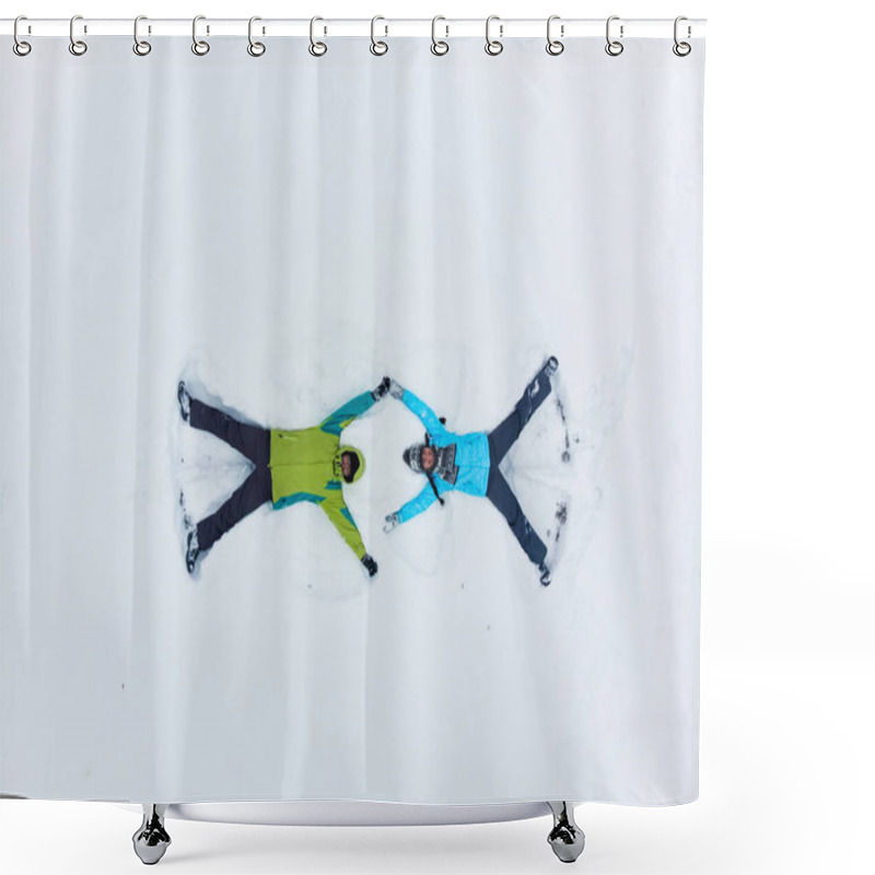 Personality  Couple Having Fun Making Snow Angel Top View Shower Curtains