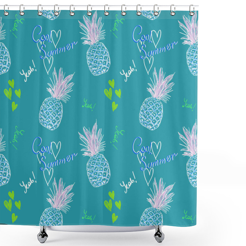 Personality  Cute Pineapple Pattern With Text Cool Summer And Heart On Blue Background Shower Curtains