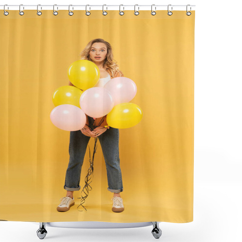 Personality  Surprised Blonde Woman Holding Balloons On Yellow Background Shower Curtains