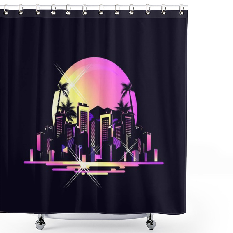 Personality  Exotic Hawaiian Landscape Southern City, On The Ocean With Palm Trees, Houses Otlyami, Retro Style, Vector Illustration On Black Background Shower Curtains