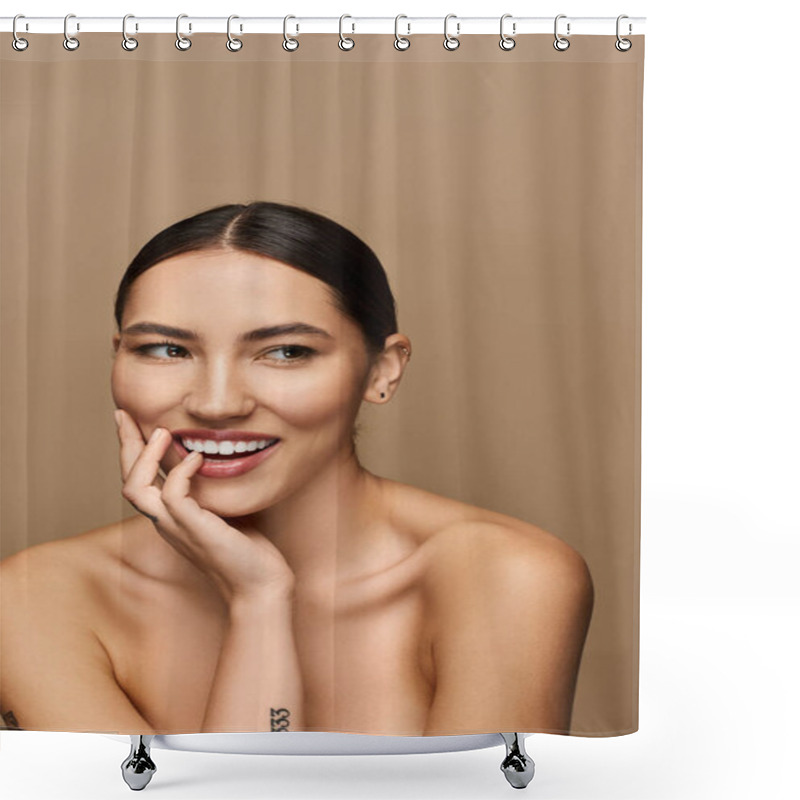 Personality  Joyful Brunette Woman Touches Her Face And Smiles Brightly, Exuding Warmth And Beauty. Shower Curtains