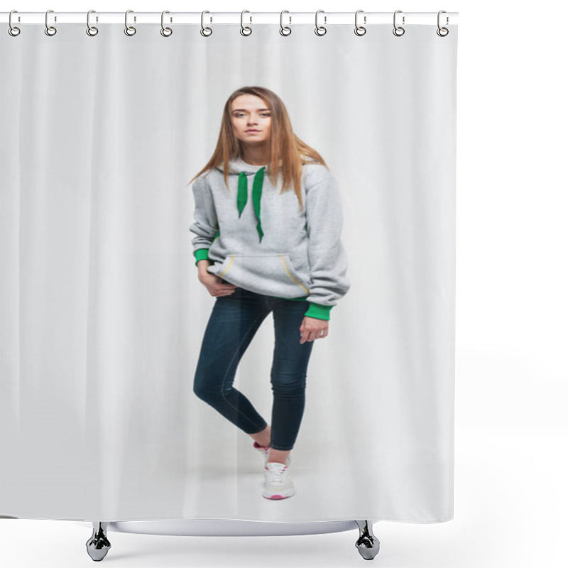 Personality  Portrait Of A Cute Positive Blonde Woman In A Hoodie On Grey Bac Shower Curtains