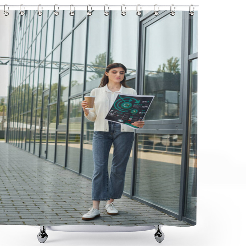 Personality  A Modern Businesswoman Stands Outside A Building, Holding Charts, Embodying The Concept Of Growth And Learning In A Franchise Setting. Shower Curtains