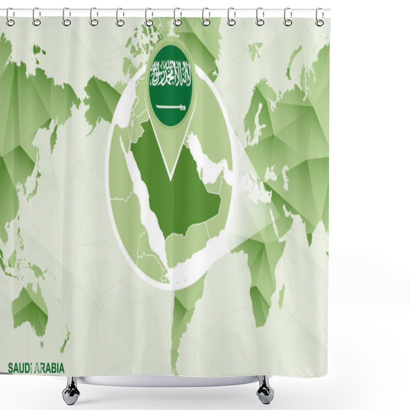 Personality  America Centric World Map With Magnified Saudi Arabia Map. Green Polygonal World Map. Shower Curtains